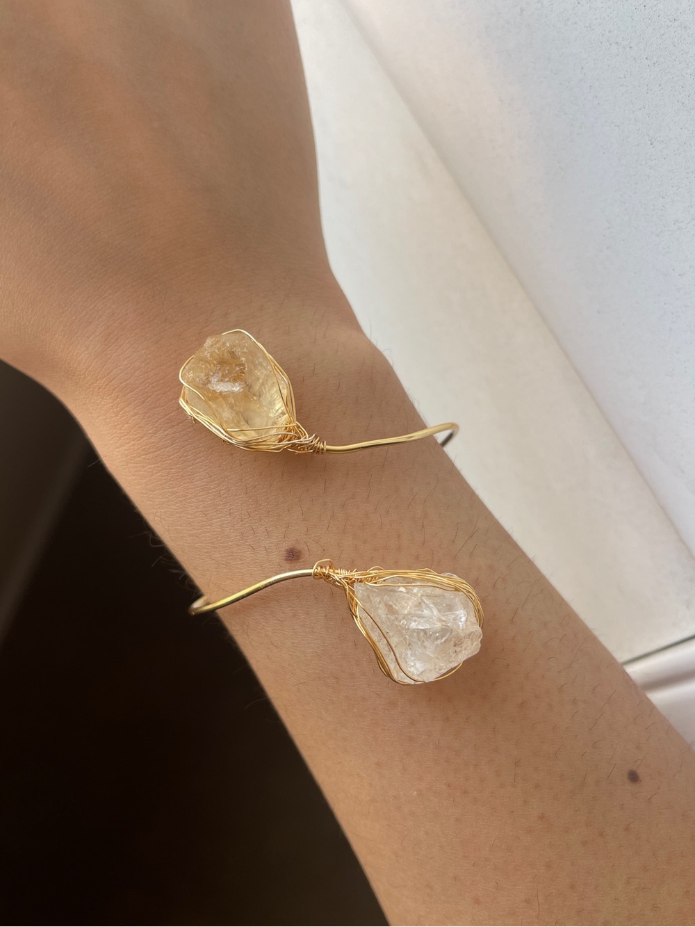 Citrine + Clear Quartz Gold Wire Wrapped Bangle